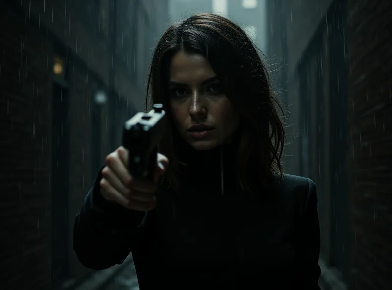 Ana de Armas as Eve Macarro in Ballerina, holding a gun and looking determined.