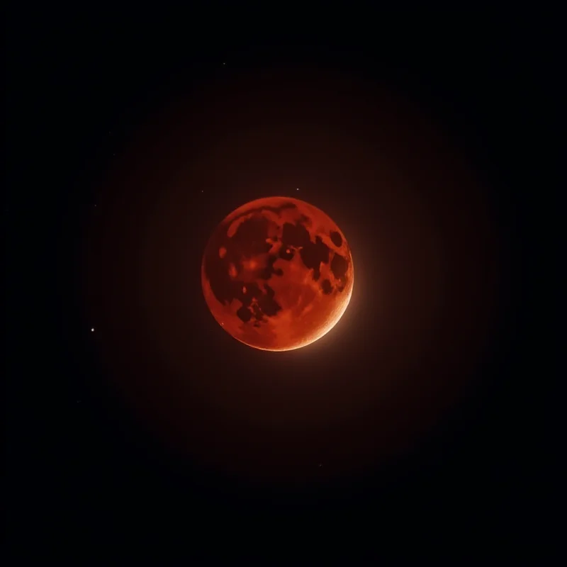 A visually stunning image of a lunar eclipse in a dark sky, with faint stars visible.