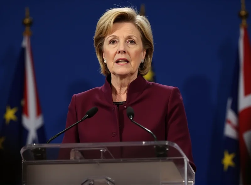 Ursula von der Leyen speaking at a European Union summit, with flags of EU member states in the background.