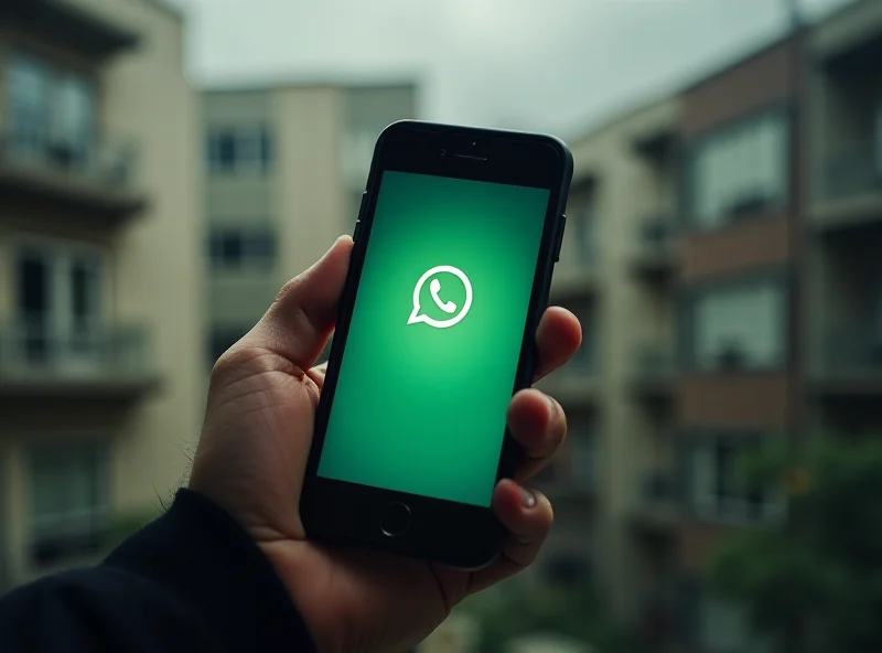 Image of a person using WhatsApp on a smartphone with apartment buildings in the background, suggesting illegal rental schemes.