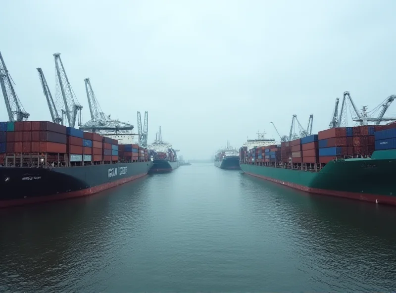 Image of container ships backed up on the Elbe River near Hamburg, due to a pilot strike.