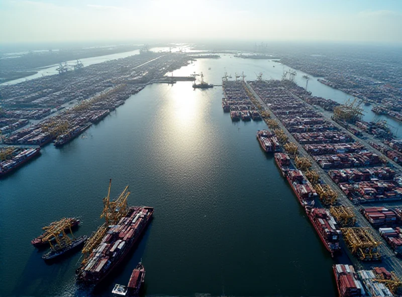 Aerial view of the Port of Hamburg, showing the Elbe River, container ships, and cranes.