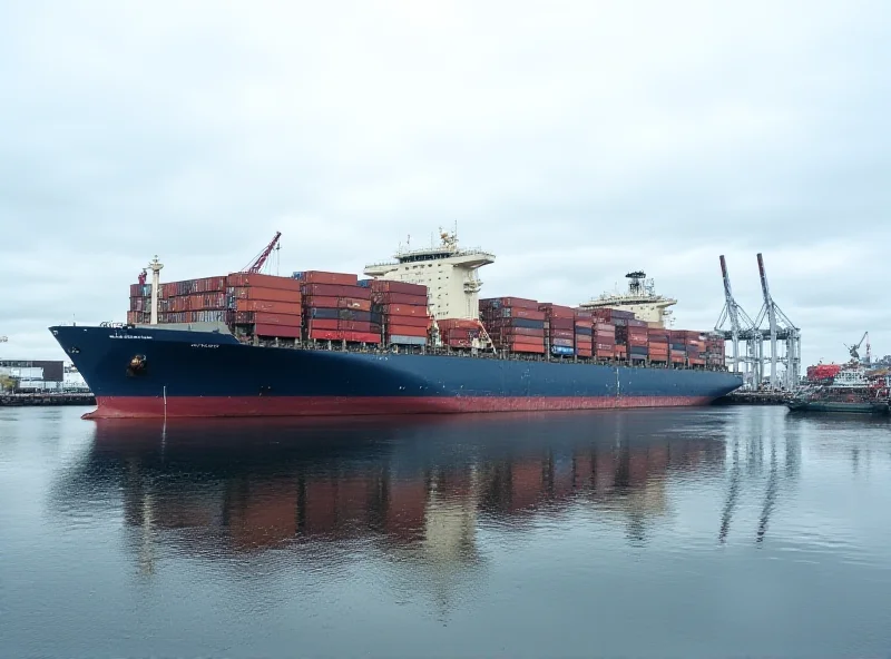 A large container ship docked at the Port of Hamburg, with cranes and other port infrastructure visible.