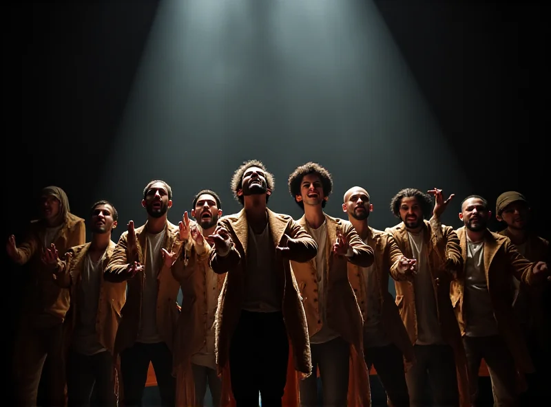 A stage performance of the musical Hamilton, showing the ensemble cast in their iconic costumes, bathed in dramatic lighting.