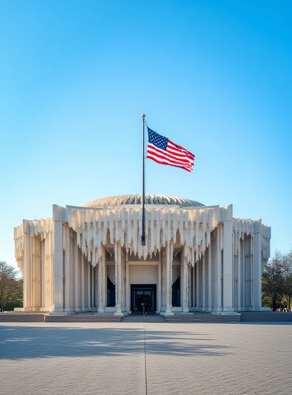 A wide shot of the John F. Kennedy Center for the Performing Arts in Washington D.C., showcasing its iconic architecture and the American flag waving in front.