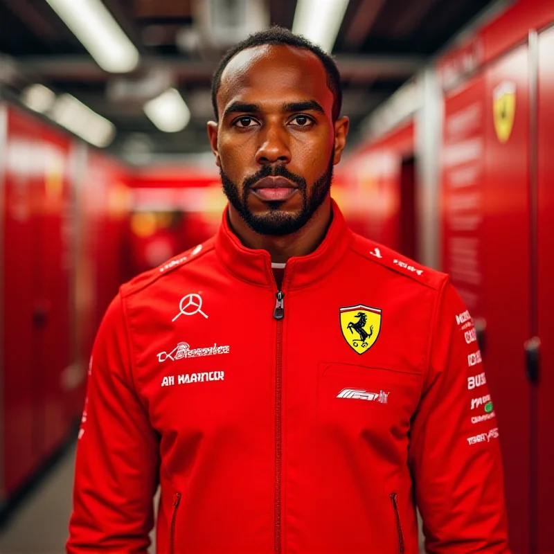 Lewis Hamilton in a Ferrari race suit, looking determined and focused.