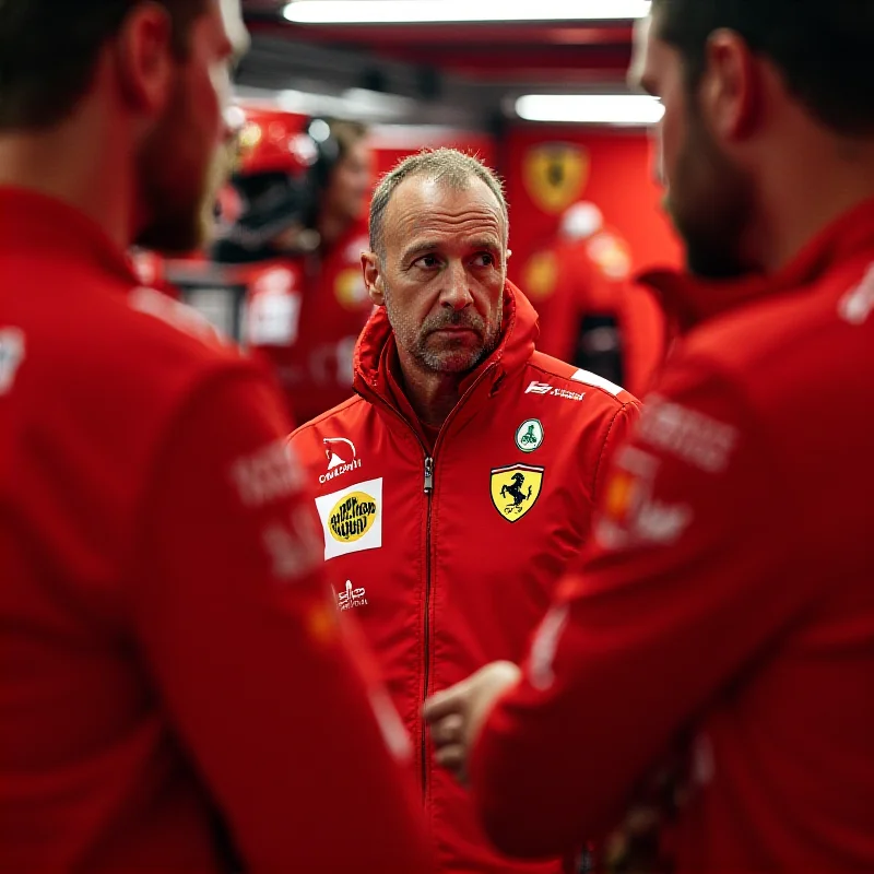 John Elkann talking with Frederic Vasseur and Lewis Hamilton in the Ferrari garage during testing.