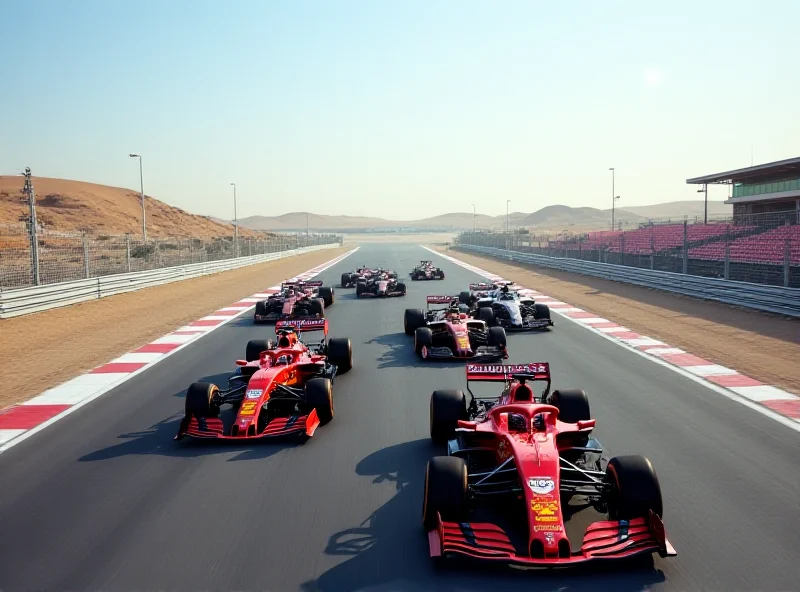 A wide shot of the Bahrain International Circuit during Formula 1 pre-season testing, showing multiple cars on track.