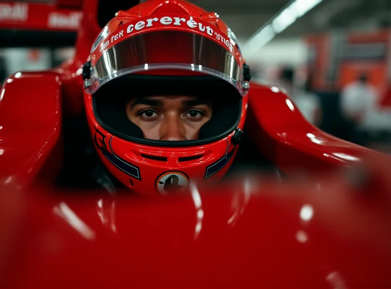 Lewis Hamilton in his Ferrari F1 car during pre-season testing in Bahrain, showcasing the car's sleek design and Hamilton's focused expression.