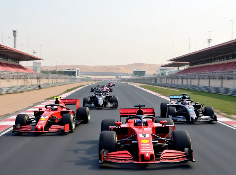 A wide shot of the Bahrain International Circuit during Formula 1 testing, showcasing multiple cars on the track and the desert landscape in the background.