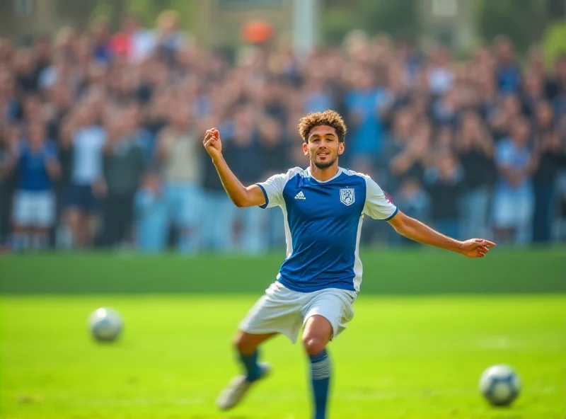 A young soccer player celebrates a goal on a green field with fans cheering in the background.