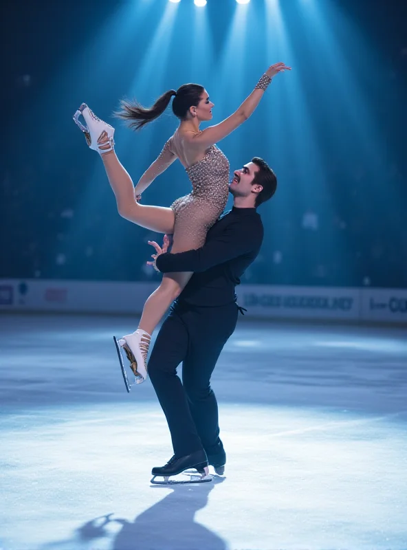 A figure skating pair performs a lift on the ice, with bright spotlights shining on them.