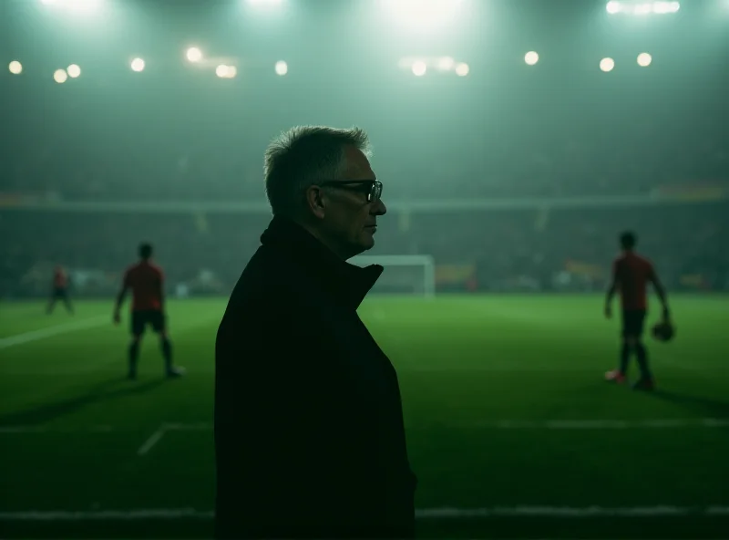 A silhouette of a legendary coach standing on the sidelines, observing a soccer practice. The background is slightly blurred.