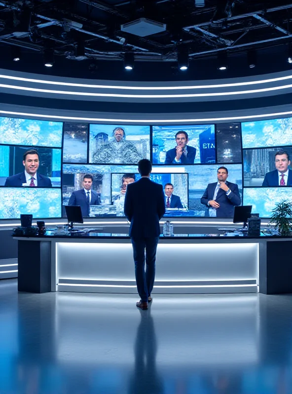 A modern television studio with multiple screens showing different news programs and a news anchor at the desk.