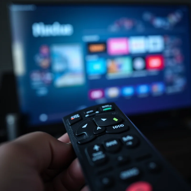 A close-up shot of a television remote control pointing towards a modern smart TV displaying various streaming apps and channels.