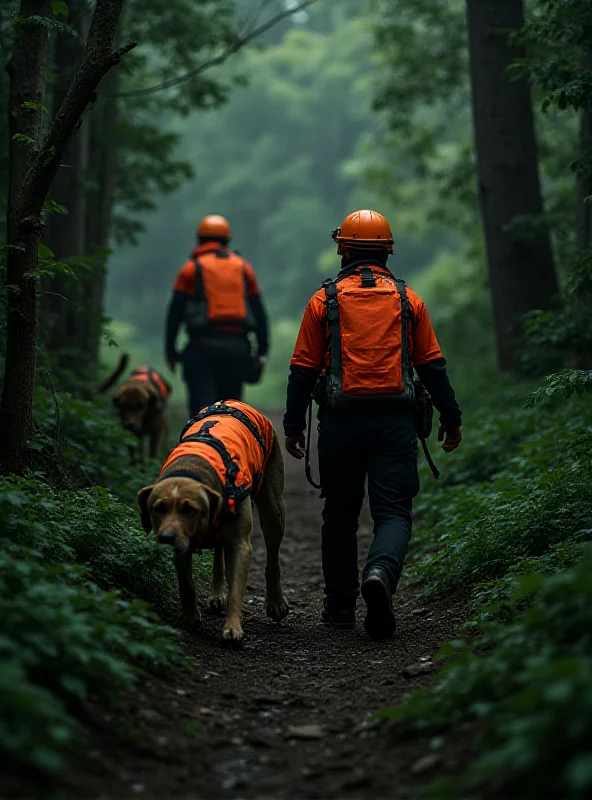 Search and rescue team with dogs in a forest