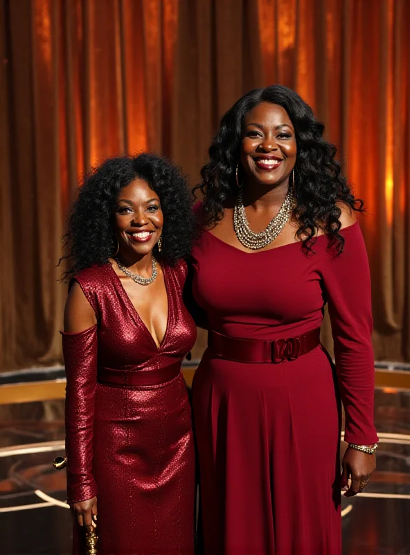 Oprah Winfrey and Whoopi Goldberg standing on the Oscars stage, both smiling and looking elegant in their gowns, with the Oscars backdrop visible behind them.