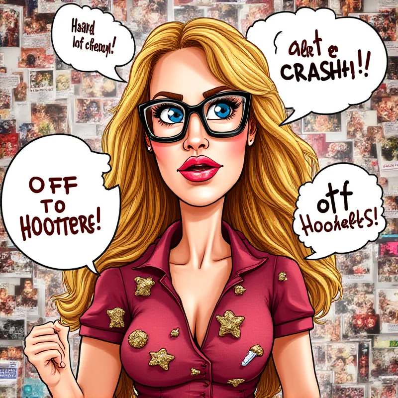 A cartoon drawing of Vanessa Feltz wearing glasses and looking critical, with speech bubbles showing her saying harsh fashion reviews, like 'Car Crash!' and 'Off to Hooters!'