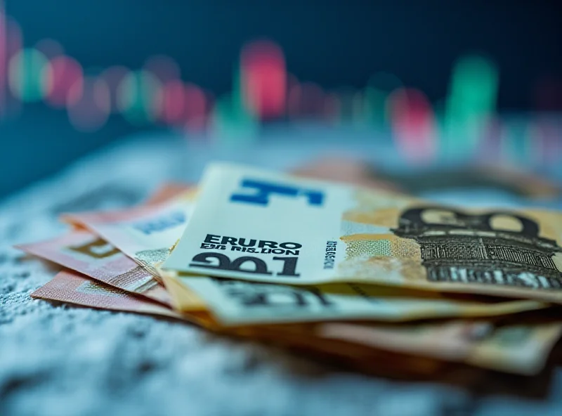 A close-up photograph of a stack of euro banknotes with a blurred background of financial charts.