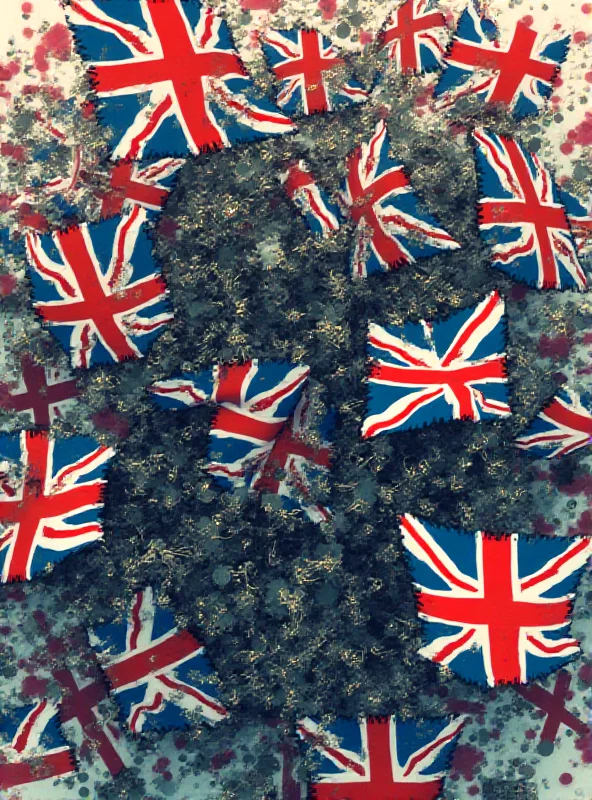 A digital illustration depicting a tangled mess of computer chips and British flags, symbolizing the complex relationship between technology and Brexit.