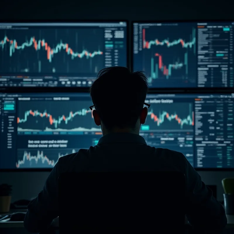 A person sitting at a desk looking stressed with multiple screens displaying news headlines and financial charts.