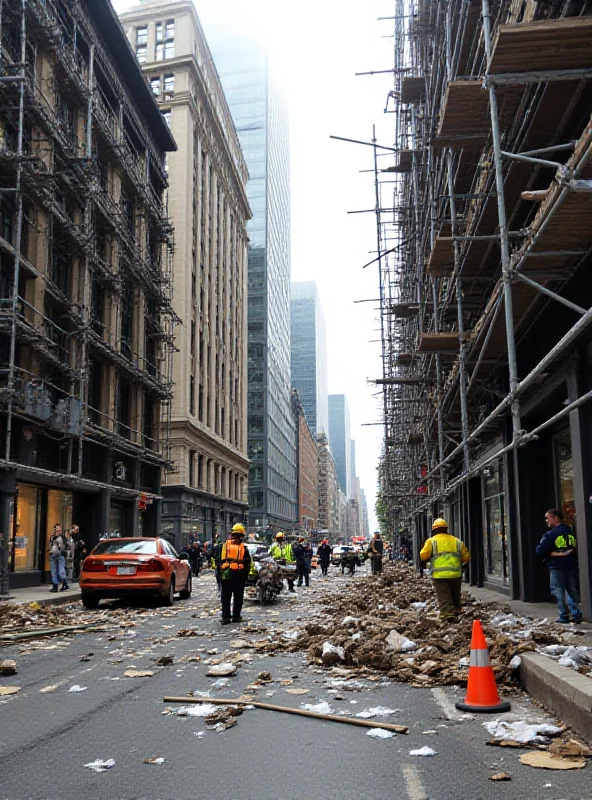 Collapsed scaffolding on a city street.