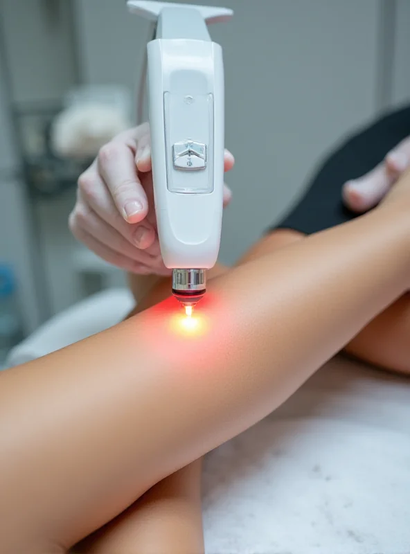 A person receiving laser hair removal treatment on their leg, with a focus on the laser device and the area being treated.