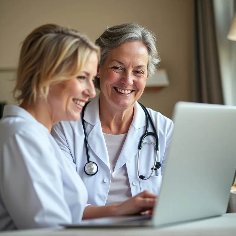 A friendly doctor smiling and interacting with a patient during an online video consultation. The patient appears relaxed and comfortable.