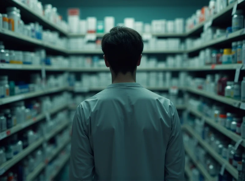 A worried patient looking at empty medicine shelves in a pharmacy.