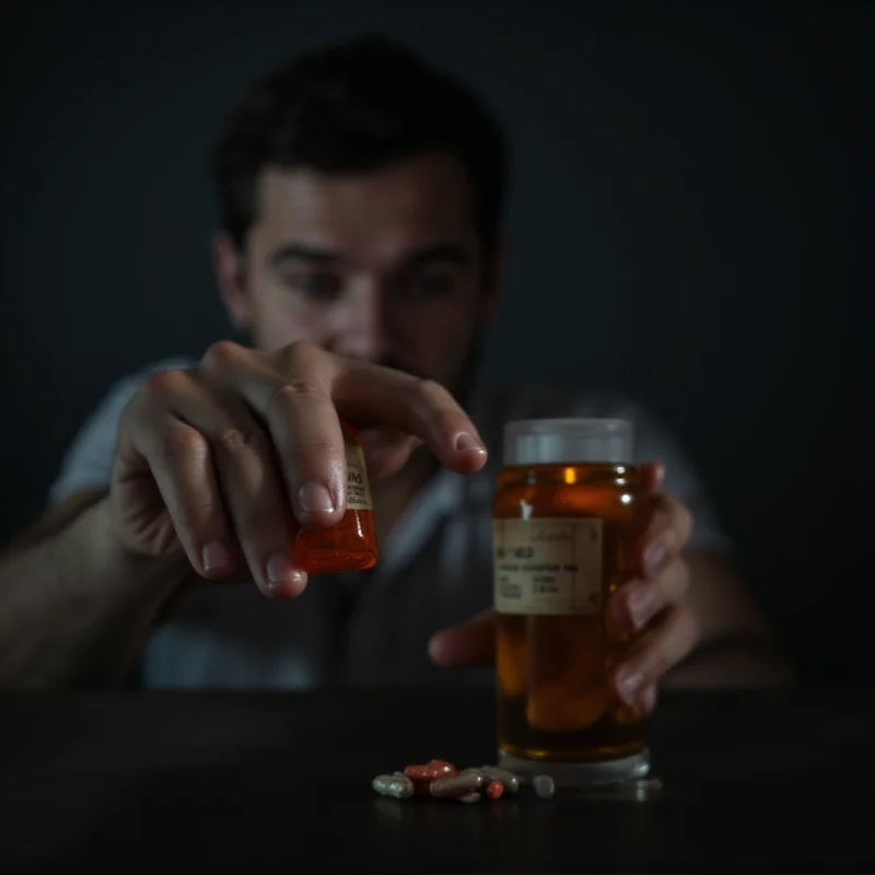 A person reaching for an alcoholic beverage, with a subtle overlay showing a prescription pill bottle, symbolizing the potential treatment.