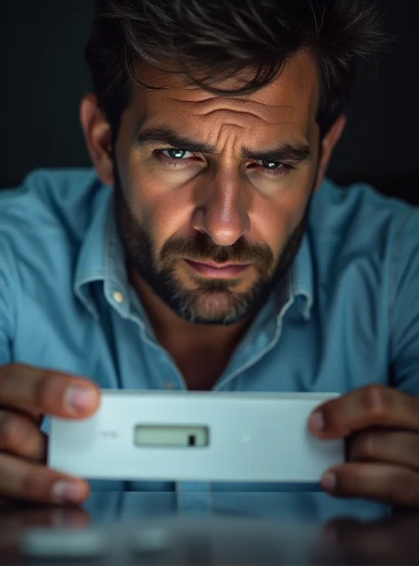 A close-up shot of an at-home prostate test kit with a concerned expression reflected in the packaging.