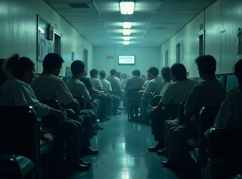 A crowded hospital waiting room, showing patients on trolleys and chairs.