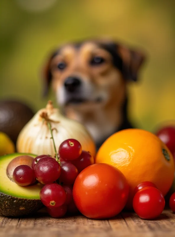 Close-up shot of various fruits and vegetables, including grapes, onions, and avocados, with a blurred image of a dog in the background to represent foods toxic to dogs.