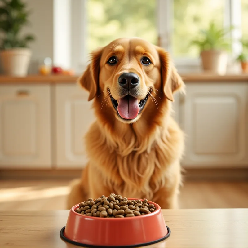 A happy, healthy dog sitting next to a bowl of approved dog food, illustrating responsible pet ownership and a safe diet.