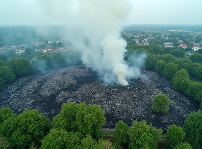 Aerial view of a smoldering waste dump with smoke rising, located near residential areas.