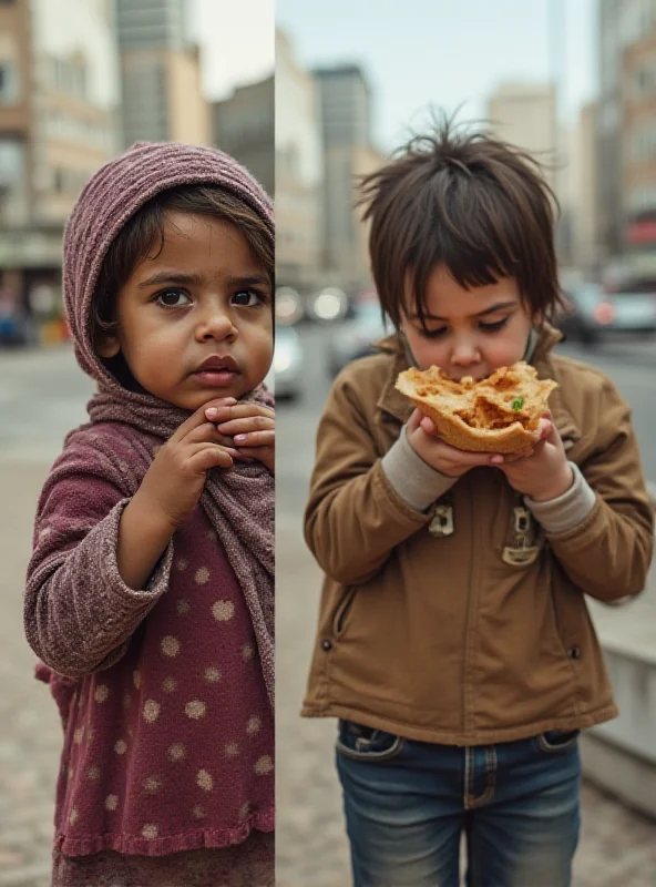 A split image showing a malnourished child on one side and an obese child on the other, representing the dual challenge of malnutrition and obesity in the Middle East.