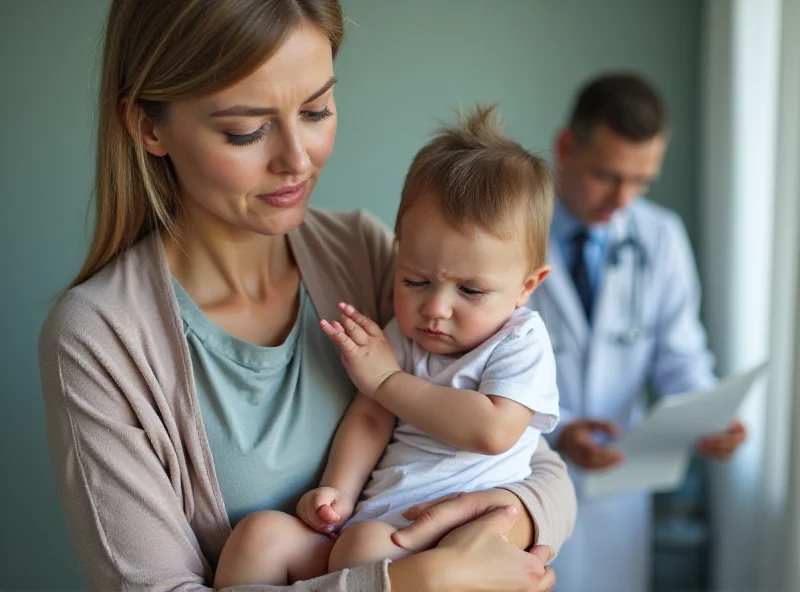 A worried mother holding her child, with a doctor in the background.