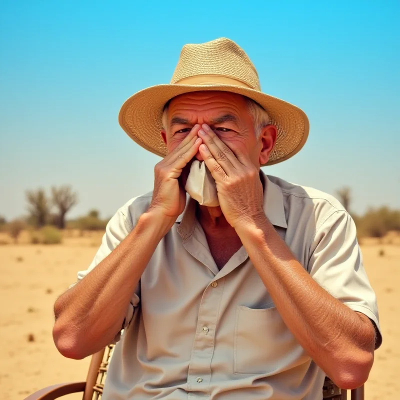 Elderly person sitting outside on a very hot day, wiping their brow.