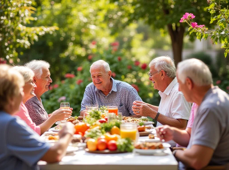 A group of healthy, active senior citizens enjoying a meal together outdoors in a sunny, vibrant setting.