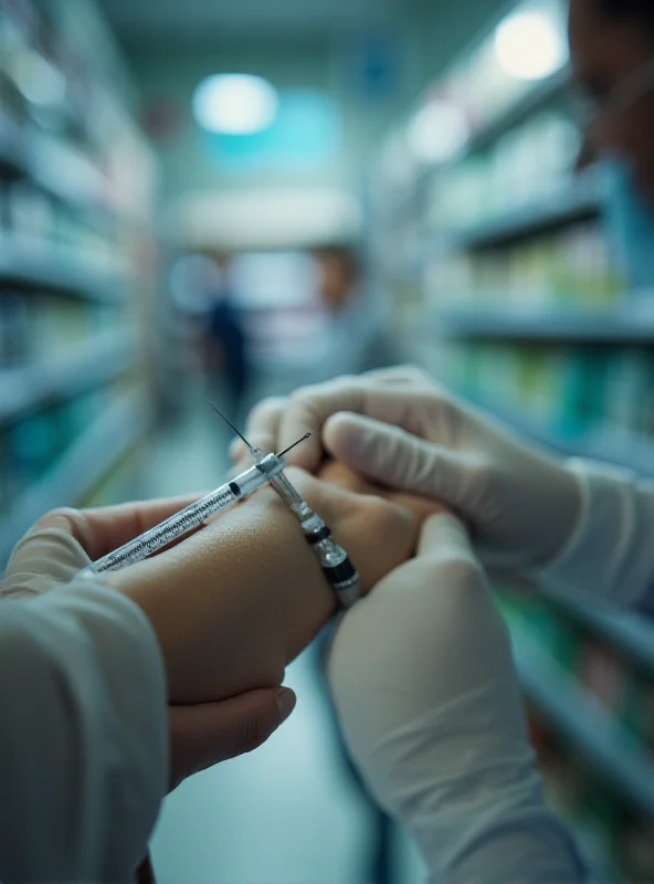 A close-up shot of a weight loss injection being administered, with a blurred pharmacy background, creating a sense of urgency and medical intervention.