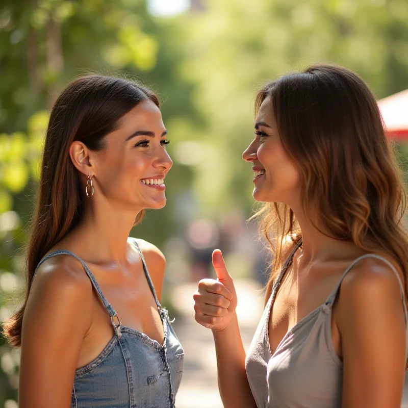 Two friends smiling and complimenting each other