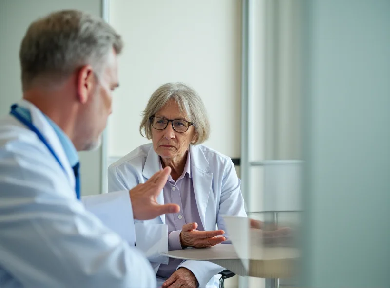 An elderly woman sitting in a doctor's office looking concerned while the doctor is talking to her.