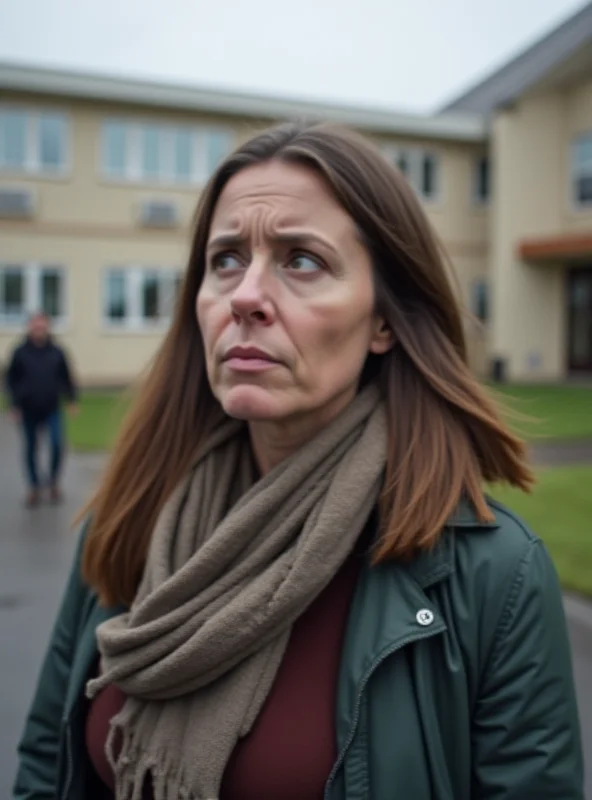 A concerned parent looking at a school building with a blurred background.