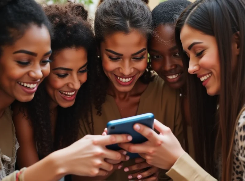 A group of diverse young people smiling and looking at a phone screen with the Instagram logo.