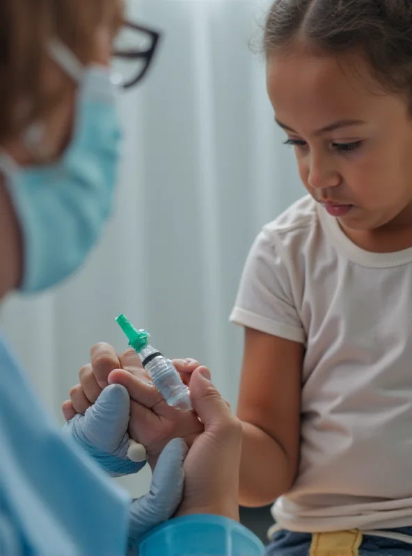 A doctor giving a vaccine to a young child with the parent holding the child's hand.