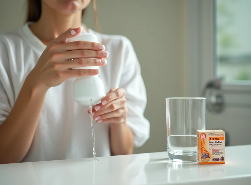 A person using a neti pot for nasal irrigation, with a box of zinc lozenges and a glass of water nearby.