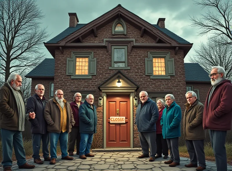 Illustration of a closed care home with concerned residents outside.