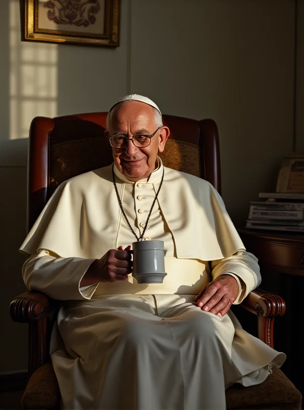 Pope Francis sitting in a chair, looking tired but calm, with a cup of coffee on a nearby table.