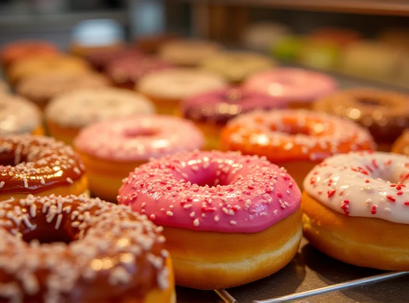 A selection of colorful doughnuts on a bakery display.