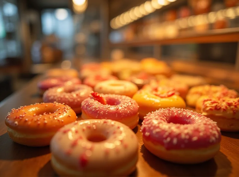 Display of colorful doughnuts in a bakery window.